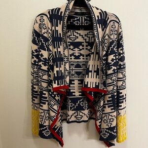 THML Navy and Cream Geometric Cardigan with Red Trim